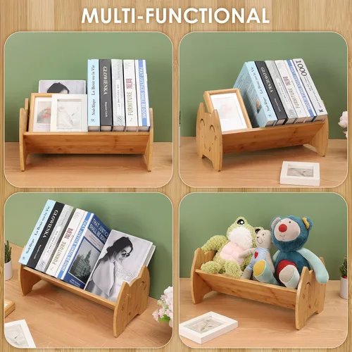 Miniatura 6 de Hggzeg Estantería de bambú para niños, estantería pequeña de escritorio para niños, organizador de libros inclinado, estante de almacenamiento