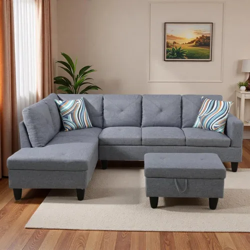 Miniatura 22 de Sofá modular de cuero en forma de L de 3 piezas – Sofá modular convertible con diván móvil y otomana de almacenamiento, uso multiescenario para sala