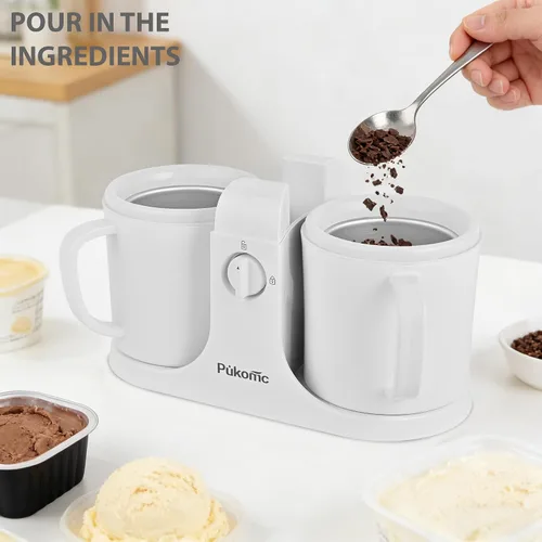 Miniatura 5 de Pukomc Máquina para hacer helados para uso doméstico, con dos cuencos de helado, operación simple y fácil de limpiar, color blanco
