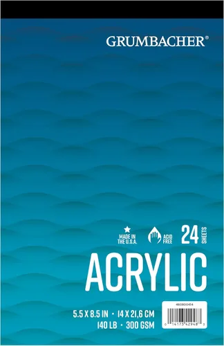 Grumbacher Bloc de papel acrílico encuadernado con cinta de 5.5 x 8.5 pulgadas, 140 lb. / 300 GSM, encuadernado con cinta, 15 hojas/bloc blanco, 1