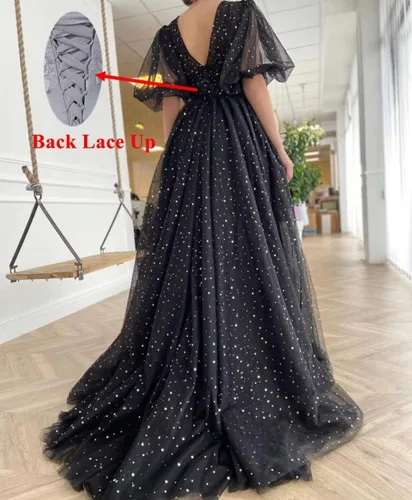 Miniatura 2 de Vestidos de fiesta de tul estrellado brillante para mujer, vestidos de noche con mangas abombadas, vestido de fiesta formal con bolsillos