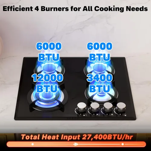 Miniatura 2 de Alemania Placa de cocina de gas de 4 quemadores de 24 pulgadas, estufa de propano integrada con conversión de NG/LPG, placa de vidrio negro