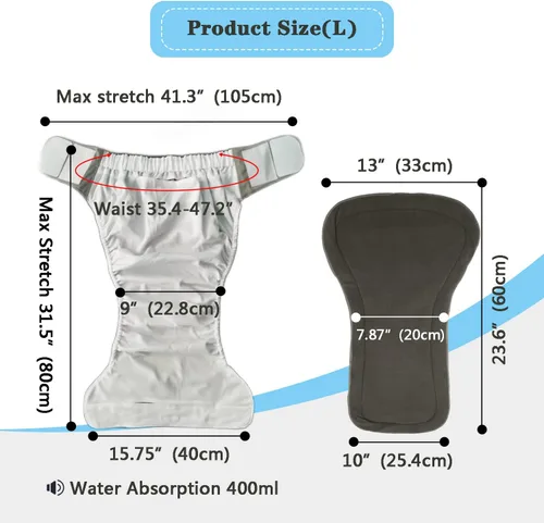 Miniatura 3 de Paquete de 2 pañales de tela para adultos con 4 insertos de pañales, lavables, reutilizables, para adultos, pañales de protección contra Gris L