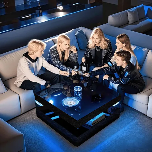Miniatura 9 de FKWin Mesas de centro negras para sala de estar, mesa de centro LED con luces, moderna mesa de centro negra con superficie de alto brillo, mesa