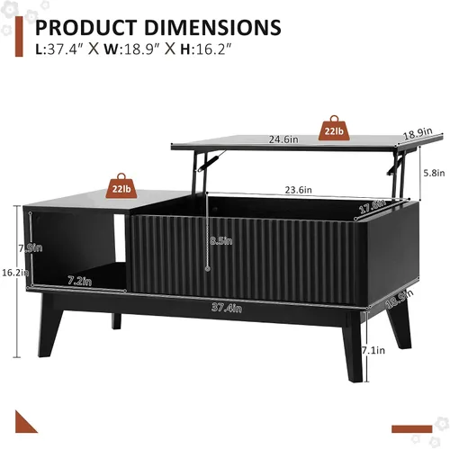 Miniatura 2 de LYNCOHOME Mesa de centro acanalada con compartimento oculto, mesas de centro elevables de madera, mesa central moderna para sala de estar, oficina