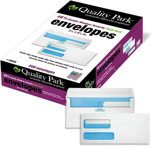 Quality Park Sobres de seguridad #8 5/8, ventana doble, sobres autosellables para facturas/extracciones, 3-5/8 pulgadas x 8-5/8 pulgadas, 24 libras,