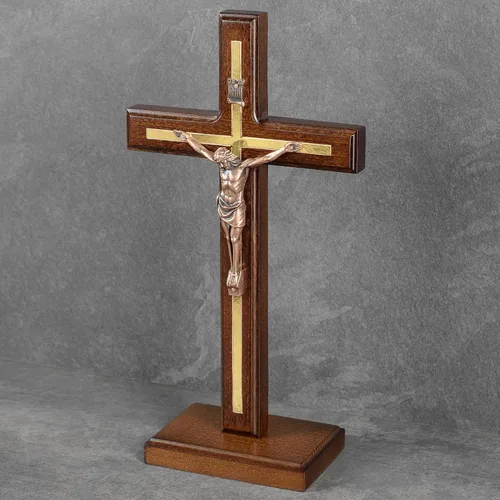 Miniatura 4 de Asterom Crucifijo de San Benito hecho a mano - Cruz de madera de mesa con soporte desmontable - Crucifijo católico de pie único