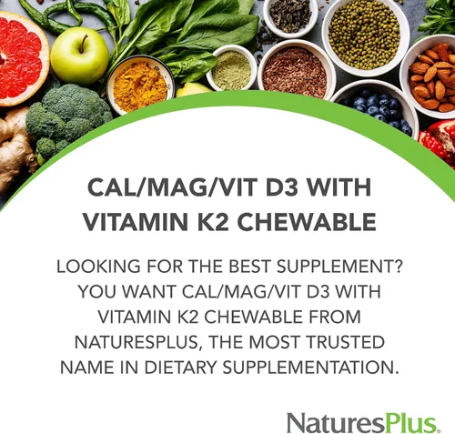 Miniatura 3 de NaturesPlus Calcio/Magnesio/Vitamina D3 con Vitamina K2 – 60 tabletas masticables – Apoya la salud ósea e inmunológica – Sabor vainilla – Sin gluten
