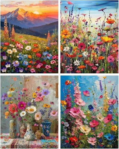 Miniatura 13 de Clendo Juego de 6 paquetes de pintura por números para adultos, kit de pintura por números de flores fáciles para adultos en lienzo sin marco