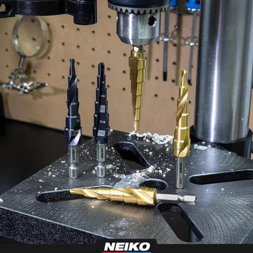Miniatura 7 de NEIKO 10602A Step Drill Bit, 13 Steps 1/8" to 1/2" Spiral High Speed Steel, Titanium Nitride Coated, 1/4" Quick Change Step Bits for Steel, Metal