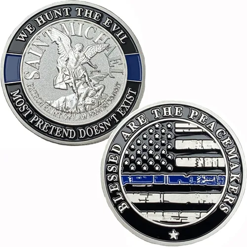 Moneda de Desafío de San Miguel Santo Patrón de las Fuerzas del Orden La Delgada Línea Azul Monedas Bañadas en Plata