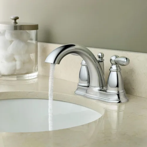 Miniatura 5 de Moen Brantford Cromo Llave de baño centrada de arco bajo tradicional de dos manijas con montaje de desagüe, 6610