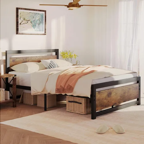 Miniatura 10 de Amyove Base de cama tamaño King con cabecera y estribo de madera, plataforma de cama King de metal, no necesita somier, 14 pulgadas, fácil