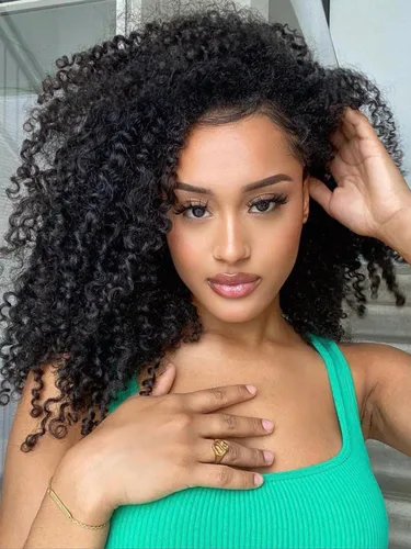 HUA - Media peluca rizada tipo afro marrón oscuro #2 de 18 pulgadas, sin pegamento, lista para usar, con proteína, cabello sintético con toque
