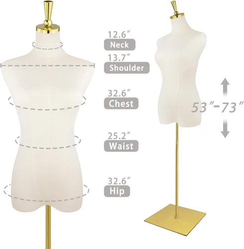 Miniatura 2 de Torso de maniquí femenino, 53-73 pulgadas de altura ajustable, maniquí para mujer con soporte de metal dorado, para coser y exhibir color beige