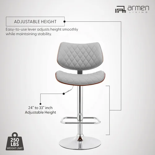 Miniatura 9 de Armen Living Leland Taburete de bar ajustable de piel sintética gris y acabado cromado Gris/cromado