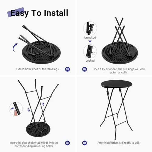Miniatura 6 de Byliable 24in Round Cocktail Table, Bar Height High Top Foldable Bistro Table with Removable Legs, Portable Plastic Indoor Outdoor for Patio, Party