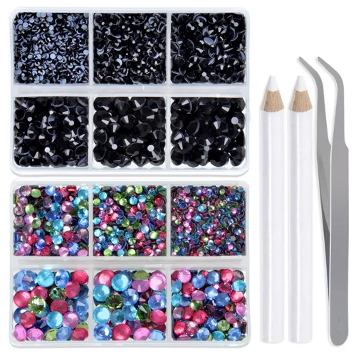 Miniatura 41 de LPBeads 6400 unidades de diamantes termoadhesivos de 12 colores con parte trasera plana, 5 tamaños mixtos, gemas de cristal redondas con pinzas