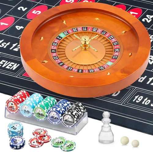 Juego de ruedas de ruleta de madera de 18 pulgadas con mantel de ruleta de 47.2 x 23.6 pulgadas, 100 piezas de fichas de póquer, marcador de