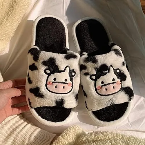 Miniatura 5 de Pantuflas Kawaii de vaca peluda para mujer, cómodas, con puntera abierta, lindas sandalias de invierno de animales