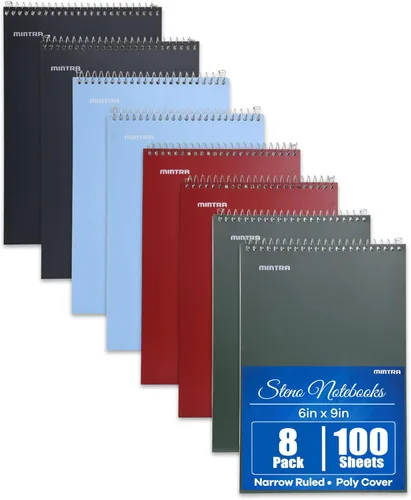 Mintra Office Steno Books (Poly Steno 8 unidades (hielo ártico, verde oliva, carbón), rayas estrechas), cubierta de polietileno, 6 x 9 pulgadas, 100