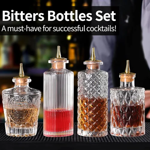 Miniatura 3 de SuproBarware Juego de 4 botellas de vidrio para cóctel con tapa de aleación de zinc para cóctel y exhibición (4 piezas)