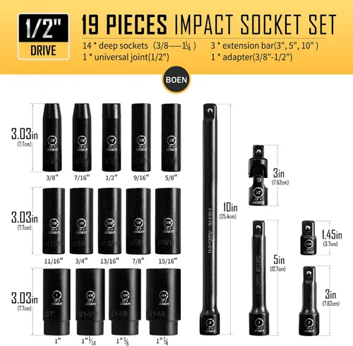 Miniatura 3 de BOEN Juego de 64 llaves de impacto SAE y métricas de 1/2 pulgada, revestimiento de fosfato negro, diseño de 6 puntos, cumple con las normas ANSI