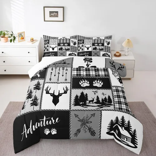 Miniatura 192 de Juego de edredón de cuernos de ciervo tamaño individual, juego de ropa de cama rústica de granja con huellas de oso y pinos para decoración