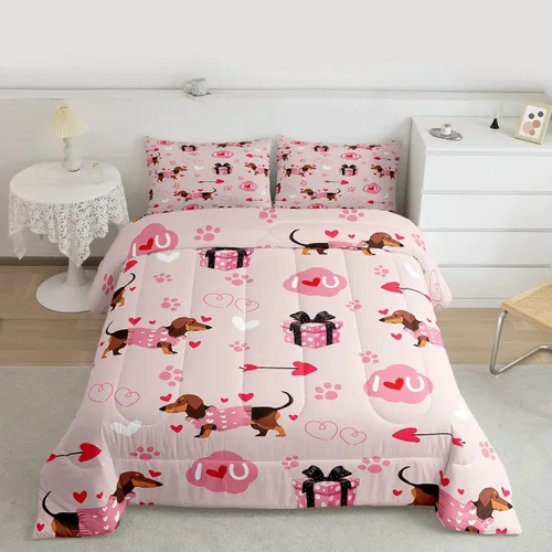 Miniatura 31 de Juego de edredón lindo de perro y gato, tamaño matrimonial, juego de ropa de cama colorido con estampado de patas de cachorro, 3 piezas para niños