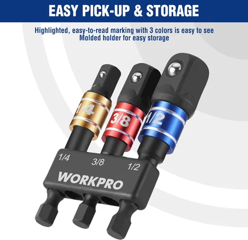 Miniatura 4 de WORKPRO Juego de Adaptadores de Dado de Grado de Impacto, Unidad de 1/4", 3/8" y 1/2", Punta de Destornillador con Extensión y Soporte, para Taladro