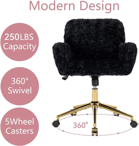Miniatura 6 de Henf Silla de escritorio tapizada en piel sintética negra para maquillaje con base dorada, silla giratoria de oficina, silla de computadora