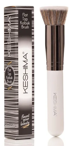 Keshima Brocha de base plana Kabuki – Brocha de base prémium para maquillaje líquido, crema y polvo, pulido, mezcla y cara (tamaño regular, blanco)