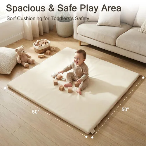 Miniatura 3 de Tapete de juego de cuero vegano para bebés, tapete de juego de espuma gruesa de 50 x 50 pulgadas para bebés y niños pequeños, tapete acolchado