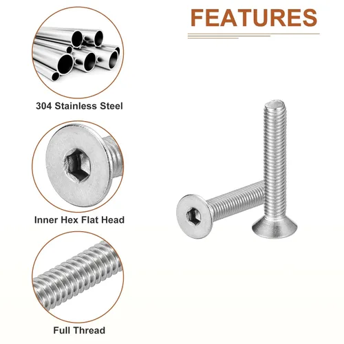 Miniatura 4 de DTGN Tornillos de cabeza plana M5-0.031 x 1.181 in, paquete de 50 tornillos de cabeza plana de acero inoxidable 304, rosca completa, pernos