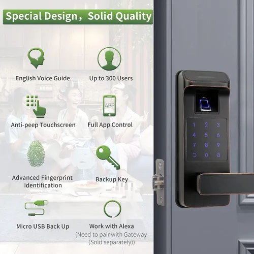 Miniatura 2 de Cerradura inteligente para puerta, resistente 5 en 1, cerradura de puerta de entrada sin llave, bloqueo de teclado digital con control completo