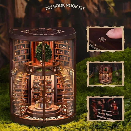 Miniatura 2 de Kits de rincón de libros para adultos, rompecabezas de fantasía 3D, kit de biblioteca con cubierta antipolvo, repositorio de libros de sabiduría