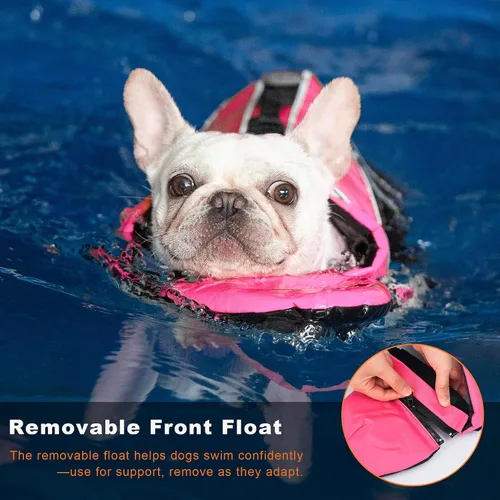 Miniatura 2 de Mklhgty Chaleco salvavidas para perros, chaleco salvavidas reflectante para perro con cuello extraíble, alta flotabilidad para nadar y navegar, Rosa