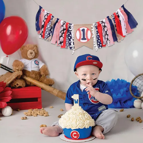 Miniatura 5 de Cartel de béisbol para el primer cumpleaños para silla de bebé, decoración de primer cumpleaños para niño, traje de aplastamiento de pasteles