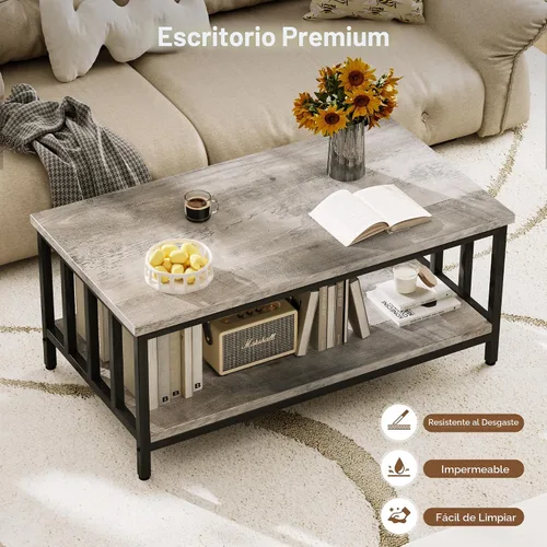 Miniatura 6 de Homeiju - Mesa de café para sala de estar con marco lateral a lamas, mesa moderna de granja para sala de estar con estante de almacenamiento de 2