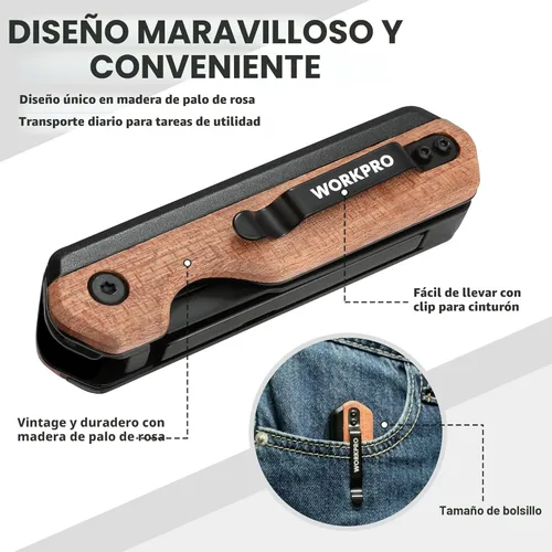 Miniatura 7 de WORKPRO Cuchillo plegable 2 en 1/cuchillo utilitario, regalos para papá, cortador de caja de cambio rápido con clip para cinturón y bloqueo de Madera