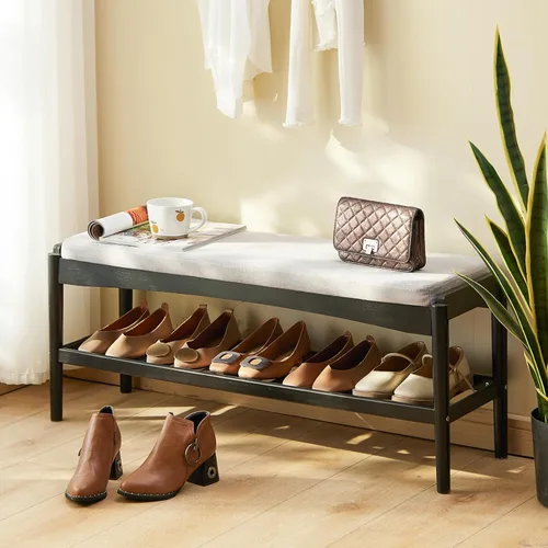 Banco de zapatos de entrada de bambú de 2 niveles con cojín de asiento acolchado, banco de zapatos, organizador estable para entrada, pasillo, sala