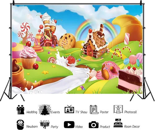 Miniatura 2 de Telón de fondo de caramelo de 5 x 3 pies de dibujos animados de caramelo arco iris dulce dona piruleta crema fotografía fondo bebé niñas fiesta