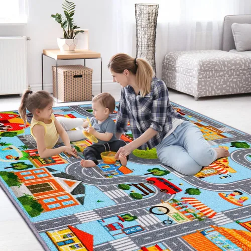 Miniatura 4 de Alfombra de coche para niños, alfombra de juego de automóvil, alfombra de tráfico extra antideslizante para niños, alfombra educativa de mapa