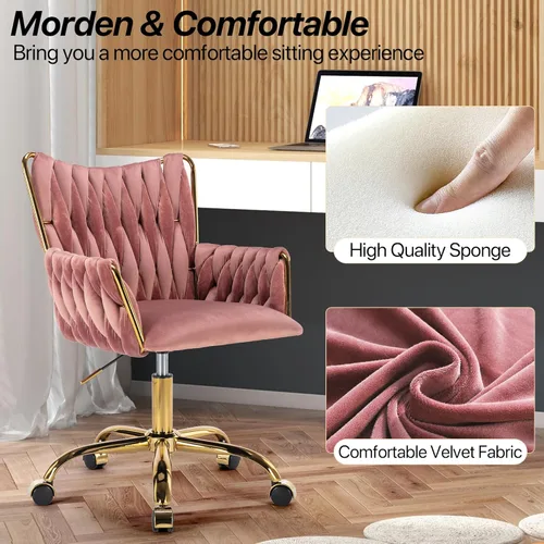 Miniatura 6 de KCC Silla Moderna de Terciopelo para Oficina en Casa con Respaldo Tejido a Mano, Silla Tapizada Ajustable para Maquillaje con Reposabrazos y Base