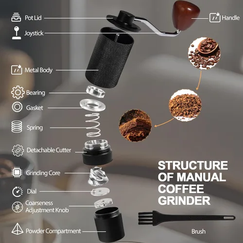 Miniatura 3 de Molinillo de café manual desmontable con rebabas cónicas de acero inoxidable de 25 niveles, molinillo portátil de grano de café de aluminio
