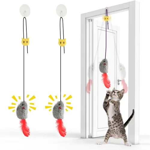 FYNIGO Juguetes para gatos, paquete de 2 juguetes para gatos colgantes en la puerta con sonido chirriante, no requiere baterías, juguetes