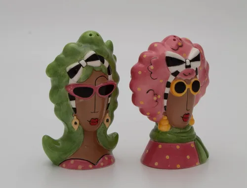 Miniatura 7 de Dollymamas de cerámica fina afroamericana negra con gafas de sol, juego de salero y pimienta, 4-3/8 pulgadas de alto