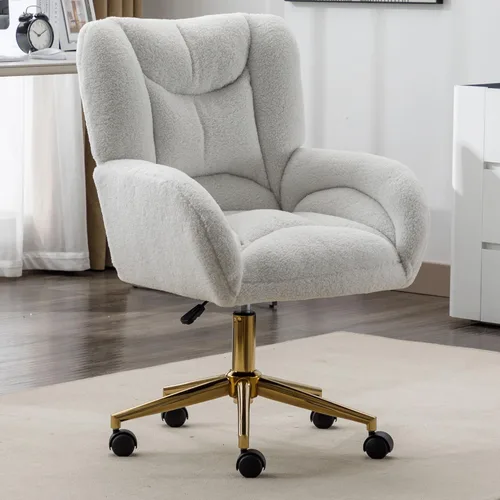 Miniatura 8 de Bonita silla de tocador con respaldo para dormitorio, silla de oficina de terciopelo blanco, cómoda para oficina, altura ajustable, giratoria de 360