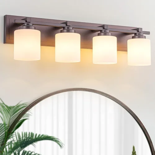 Miniatura 11 de 1 Luminaria Moderna de Baño sobre Espejo, Luces de Tocador Negro Dorado para Apliques de Pared de Baño con Pantallas de Vidrio Blanco Lechoso