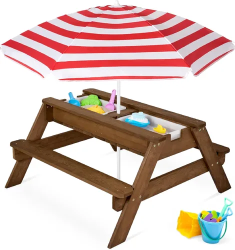 Miniatura 14 de Best Choice Products Mesa de arena y agua 3 en 1 para niños, mesa de picnic convertible de madera para exteriores con paraguas, 2 bandejas, parte